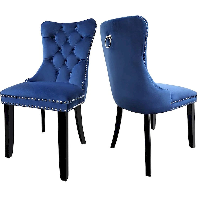 Ensemble de 2 chaises de salle à manger en velours, chaises de salle à manger haut de gamme capitonnées avec dossier clouté et poignées anneaux, pieds en bois massif