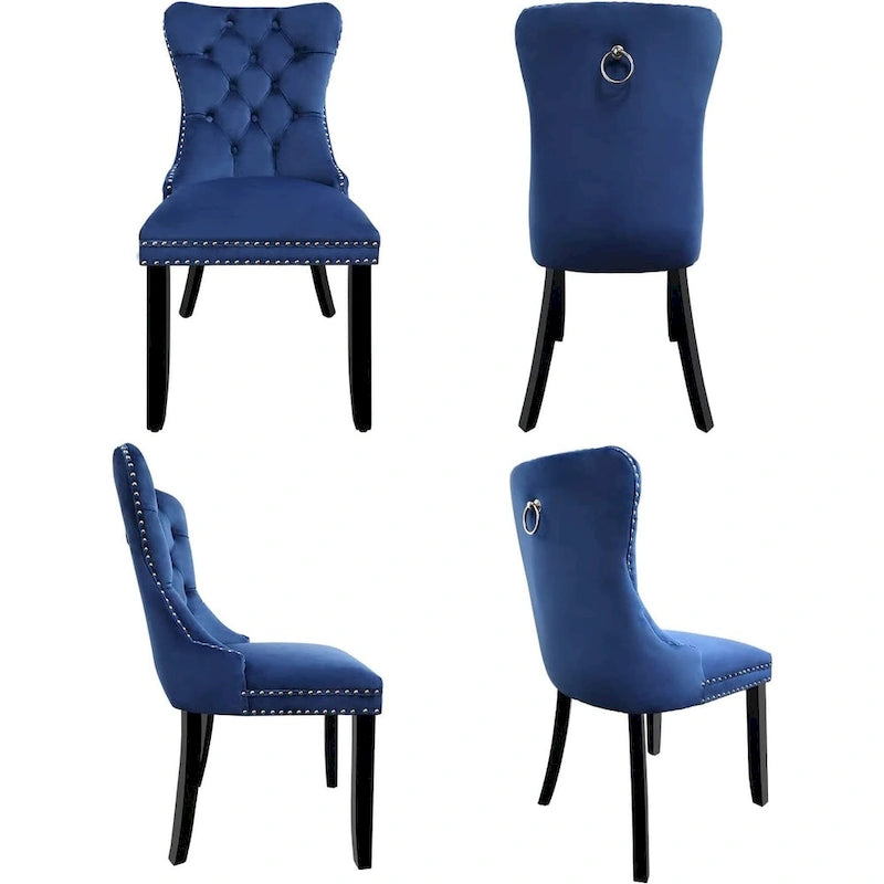 Ensemble de 2 chaises de salle à manger en velours, chaises de salle à manger haut de gamme capitonnées avec dossier clouté et poignées anneaux, pieds en bois massif