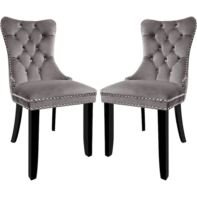 Ensemble de 2 chaises de salle à manger en velours, chaises de salle à manger haut de gamme capitonnées avec dossier clouté et poignées anneaux, pieds en bois massif