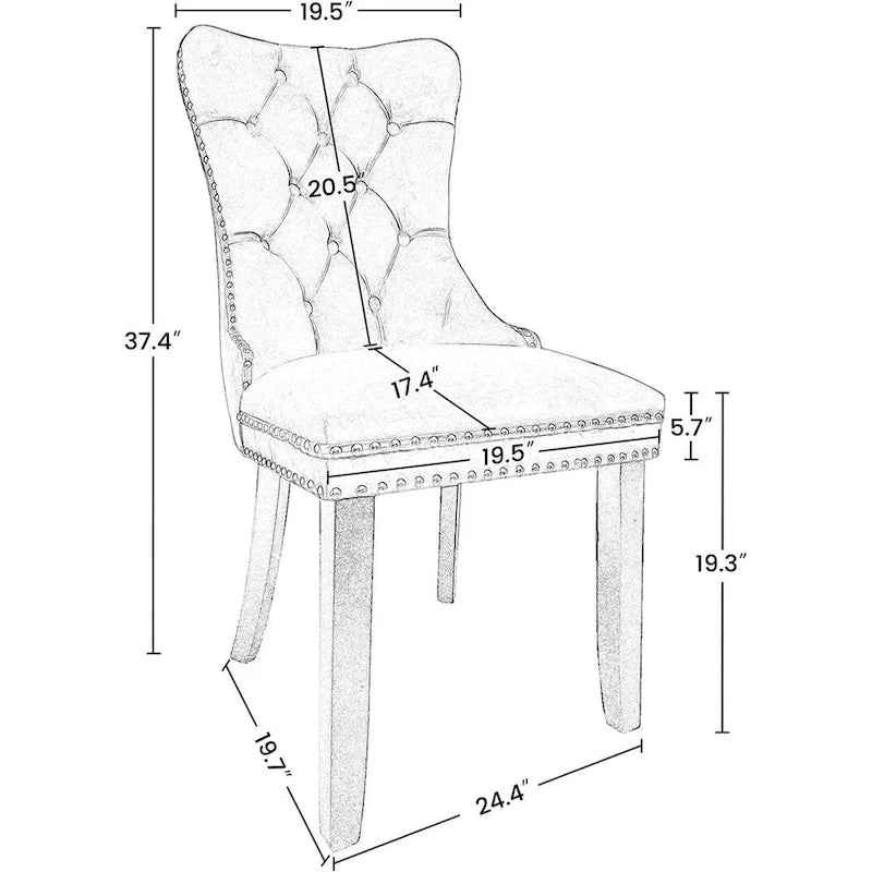 Ensemble de 2 chaises de salle à manger en velours, chaises de salle à manger haut de gamme capitonnées avec dossier clouté et poignées anneaux, pieds en bois massif