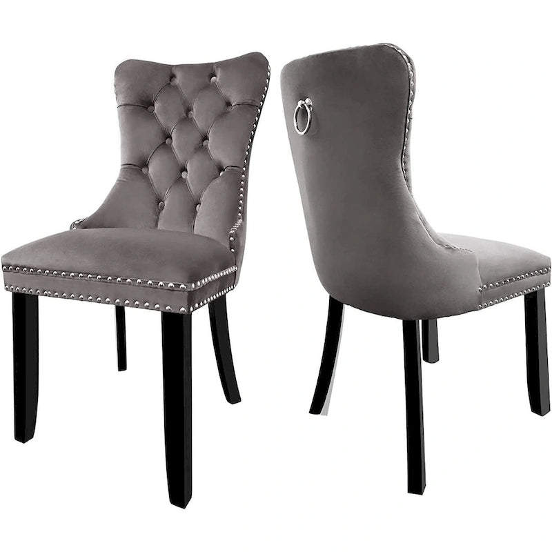 Ensemble de 2 chaises de salle à manger en velours, chaises de salle à manger haut de gamme capitonnées avec dossier clouté et poignées anneaux, pieds en bois massif