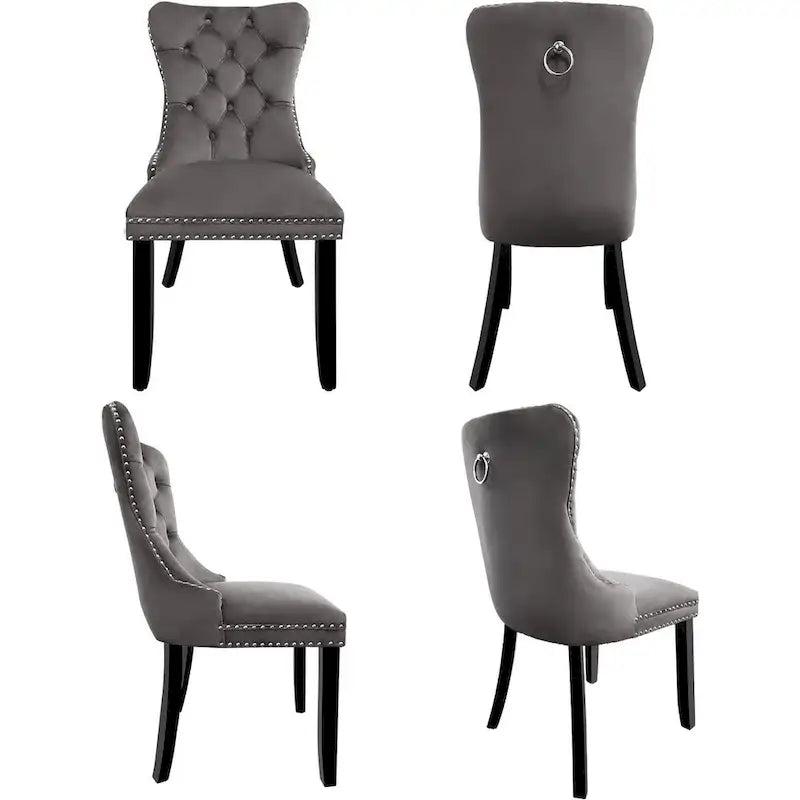 Ensemble de 2 chaises de salle à manger en velours, chaises de salle à manger haut de gamme capitonnées avec dossier clouté et poignées anneaux, pieds en bois massif