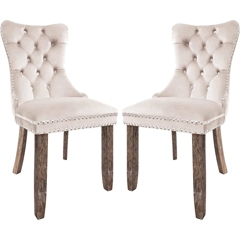Ensemble de 2 chaises de salle à manger en velours, chaises de salle à manger haut de gamme capitonnées avec dossier clouté et poignées anneaux, pieds en bois massif