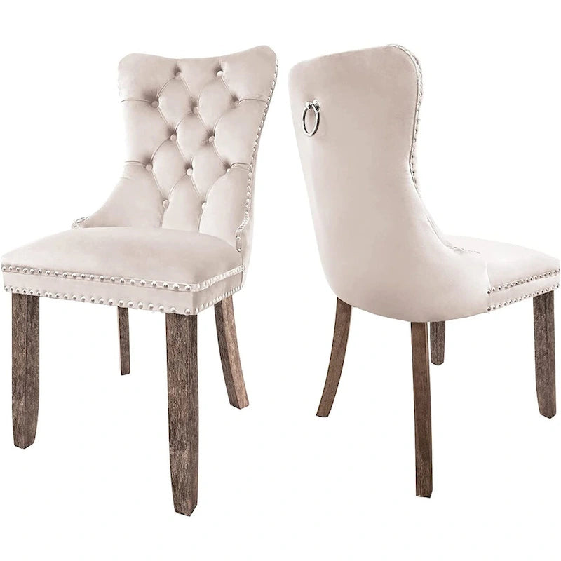Ensemble de 2 chaises de salle à manger en velours, chaises de salle à manger haut de gamme capitonnées avec dossier clouté et poignées anneaux, pieds en bois massif
