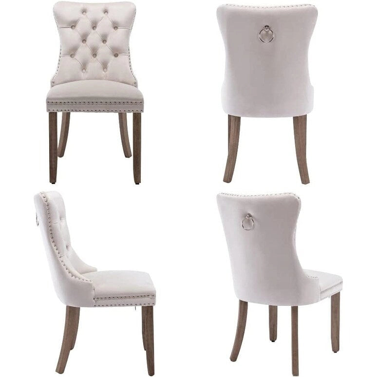 Ensemble de 2 chaises de salle à manger en velours, chaises de salle à manger haut de gamme capitonnées avec dossier clouté et poignées anneaux, pieds en bois massif