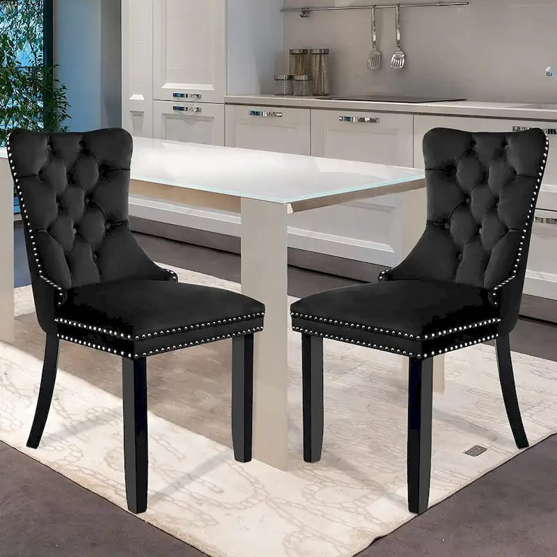 Ensemble de 2 chaises de salle à manger en velours, chaises de salle à manger haut de gamme capitonnées avec dossier clouté et poignées anneaux, pieds en bois massif