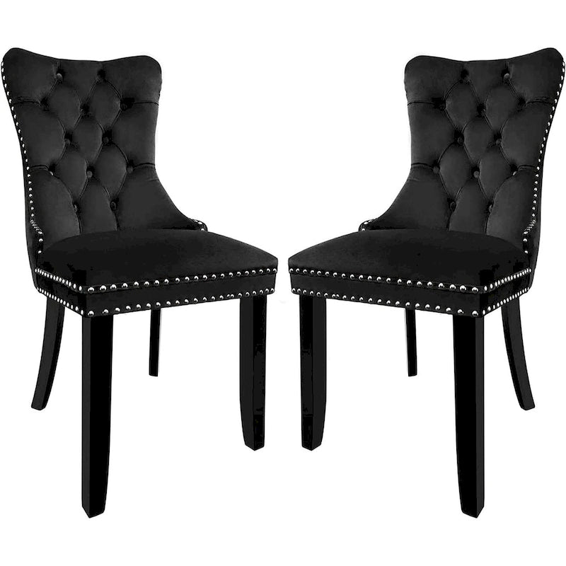 Ensemble de 2 chaises de salle à manger en velours, chaises de salle à manger haut de gamme capitonnées avec dossier clouté et poignées anneaux, pieds en bois massif