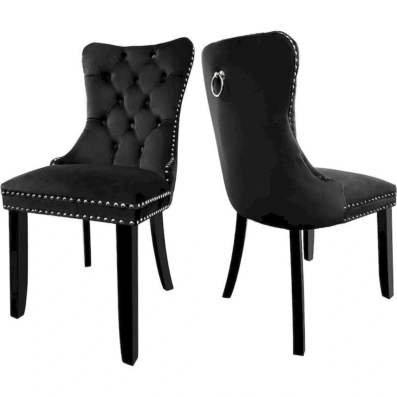 Ensemble de 2 chaises de salle à manger en velours, chaises de salle à manger haut de gamme capitonnées avec dossier clouté et poignées anneaux, pieds en bois massif
