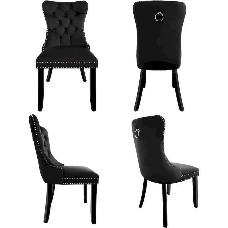 Ensemble de 2 chaises de salle à manger en velours, chaises de salle à manger haut de gamme capitonnées avec dossier clouté et poignées anneaux, pieds en bois massif