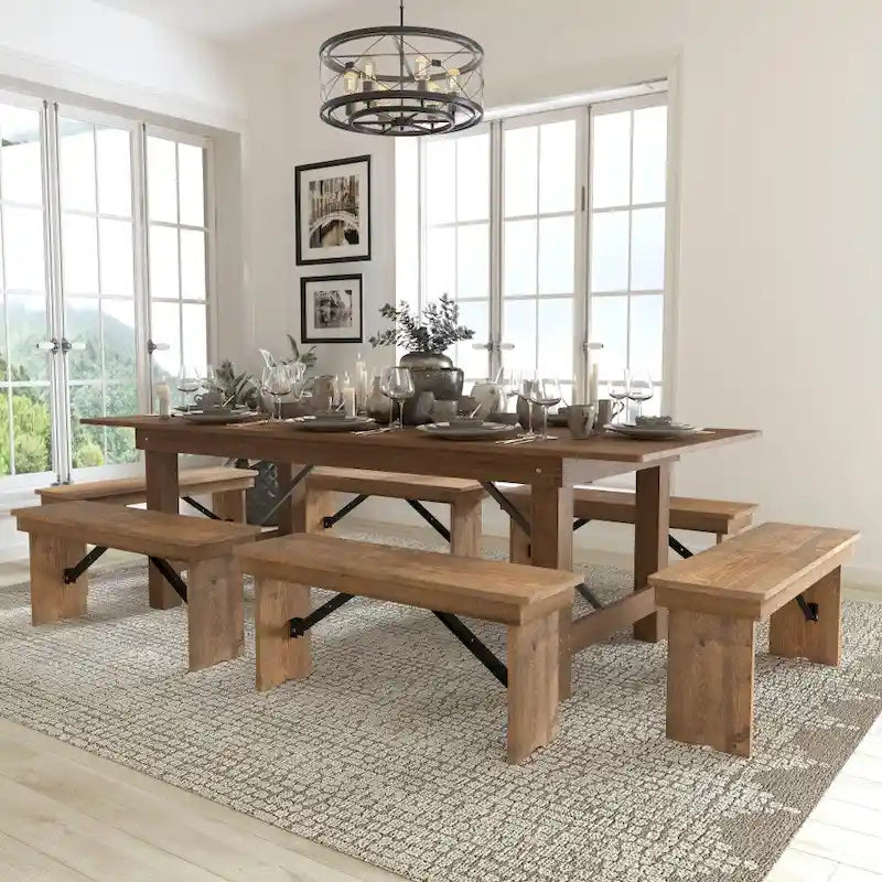 Ensemble table de ferme pliante en pin massif avec 6 bancs