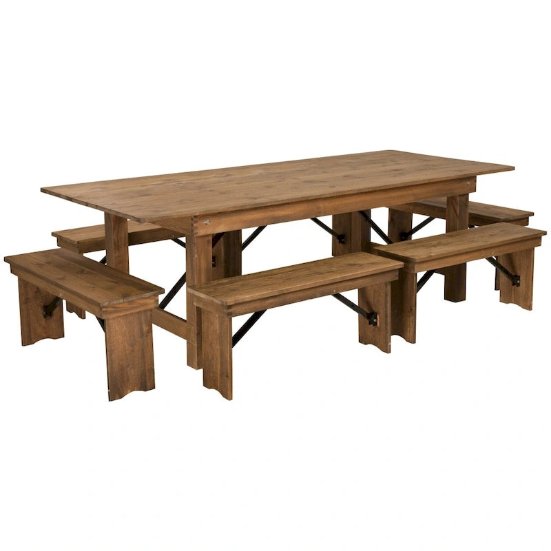 Ensemble table de ferme pliante en pin massif avec 6 bancs