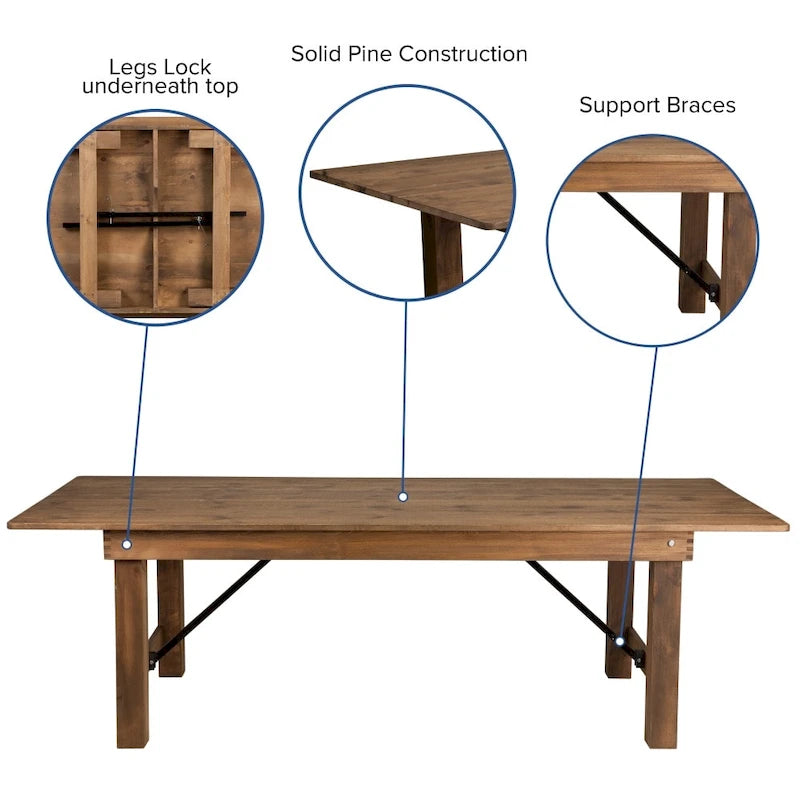 Ensemble table de ferme pliante en pin massif avec 6 bancs