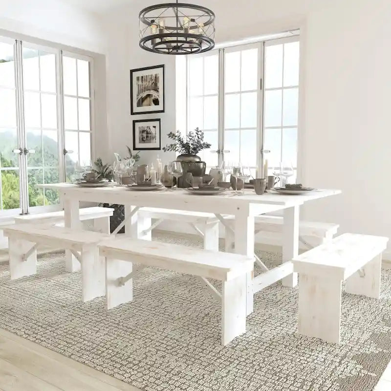 Ensemble table de ferme pliante en pin massif avec 6 bancs