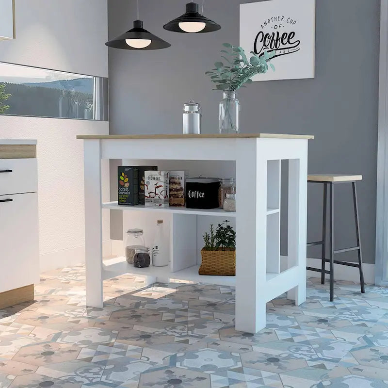 Îlot de cuisine FM Furniture Brooklyn, trois étagères dissimulées