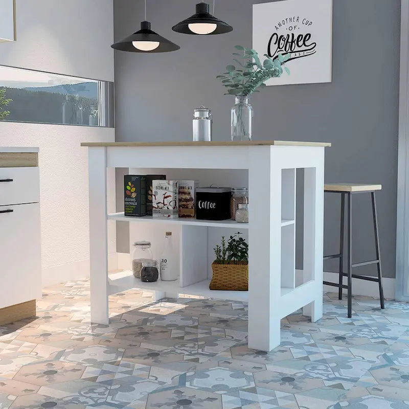 Îlot de cuisine FM Furniture Brooklyn, trois étagères dissimulées