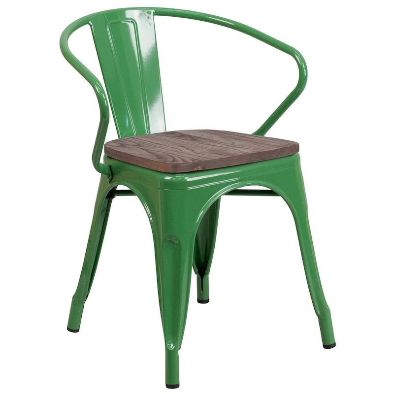 Chaise en métal avec assise et accoudoirs en bois