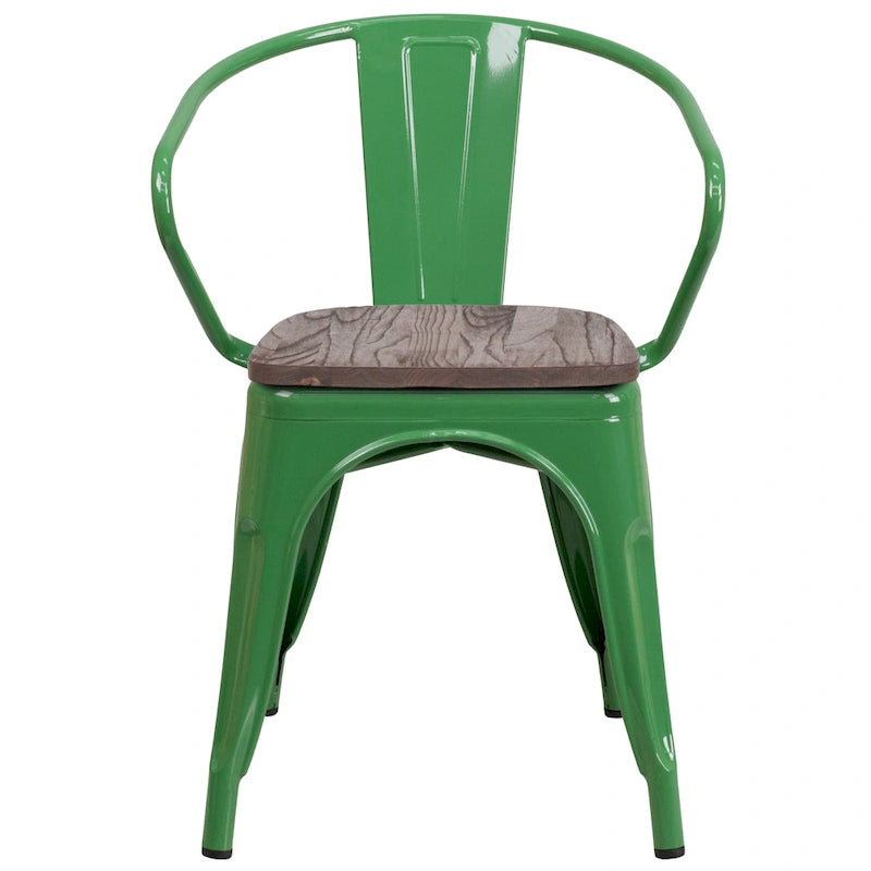 Chaise en métal avec assise et accoudoirs en bois