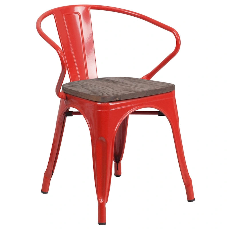 Chaise en métal avec assise et accoudoirs en bois