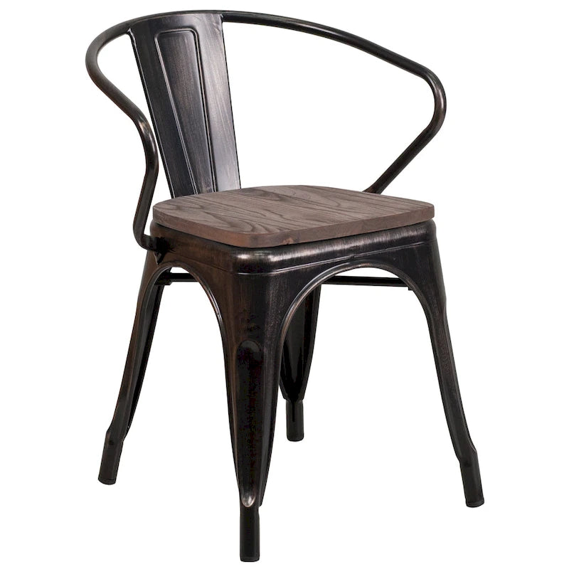 Chaise en métal avec assise et accoudoirs en bois
