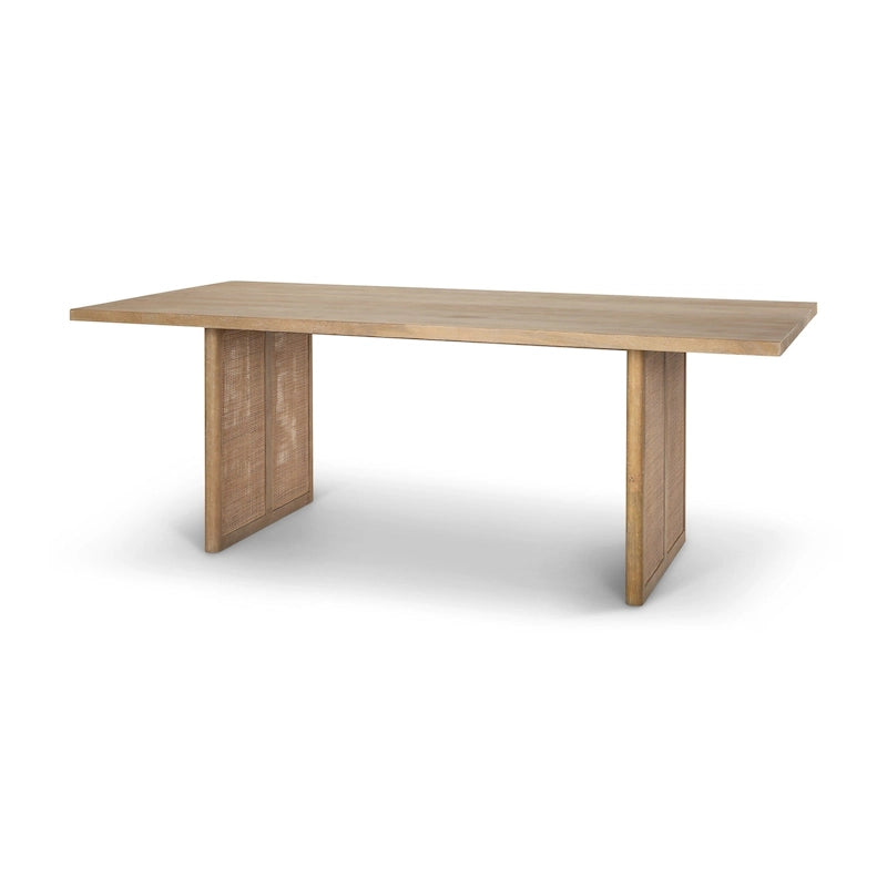 Table de salle à manger rectangulaire Grier en bois massif brun clair avec piètement orné de rotin