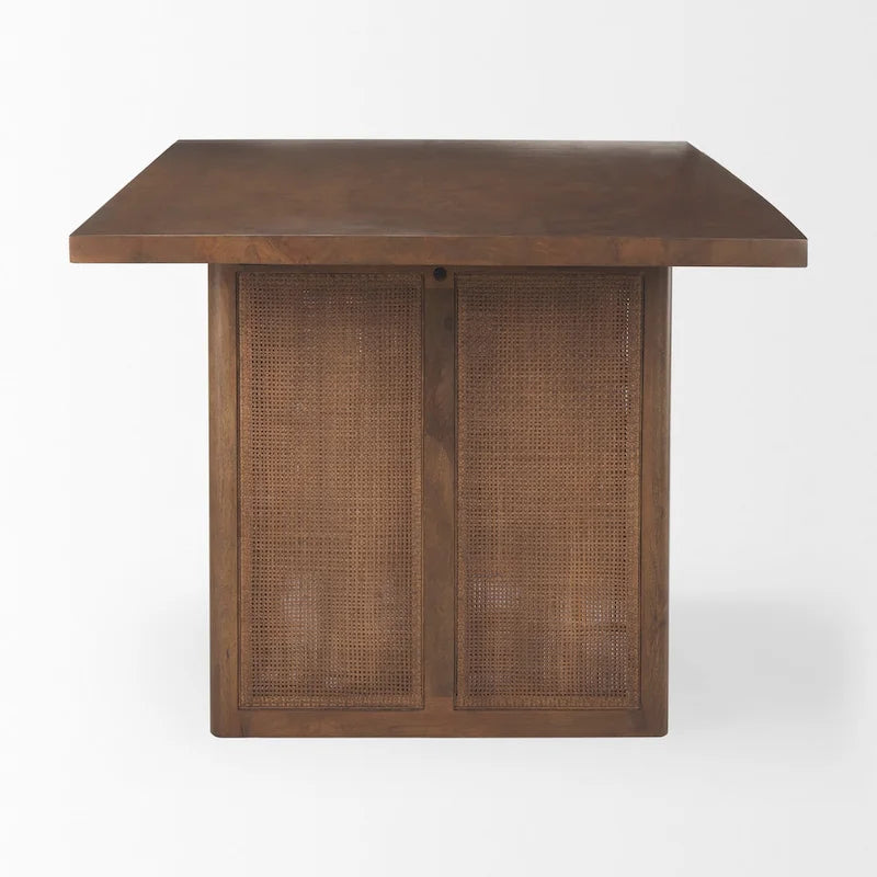 Table de salle à manger rectangulaire Grier en bois massif brun clair avec piètement orné de rotin