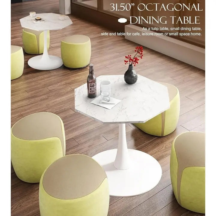 Table de salle à manger octogonale Grondin de style minimaliste moderne (31,5 po) avec plateau en MDF et pied central en métal, petite table de bar Tulipe