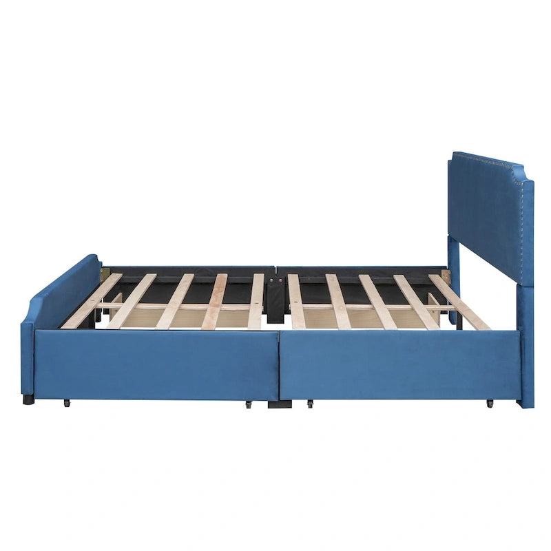 Lit plateforme capitonné avec tête et pied de lit à clous décoratifs et 4 tiroirs. Sommier non nécessaire. Revêtement en velours.