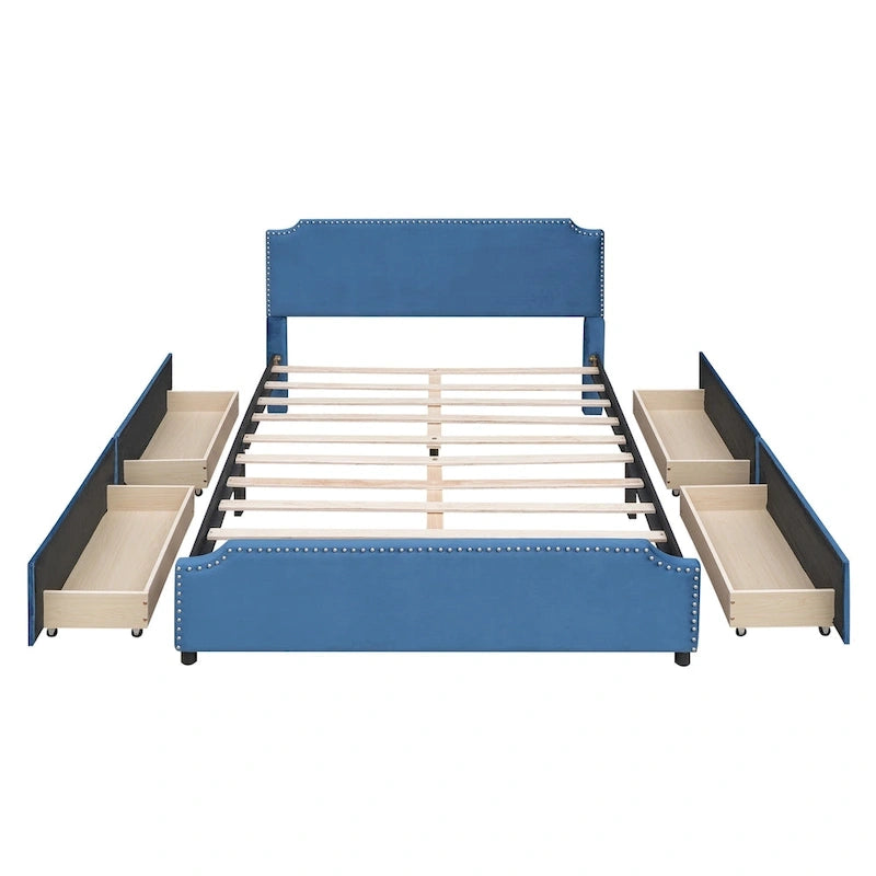 Lit plateforme capitonné avec tête et pied de lit à clous décoratifs et 4 tiroirs. Sommier non nécessaire. Revêtement en velours.