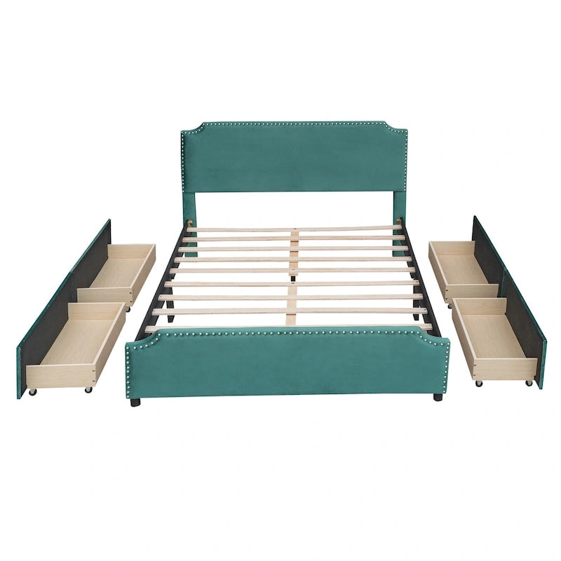 Lit plateforme capitonné avec tête et pied de lit à clous décoratifs et 4 tiroirs. Sommier non nécessaire. Revêtement en velours.