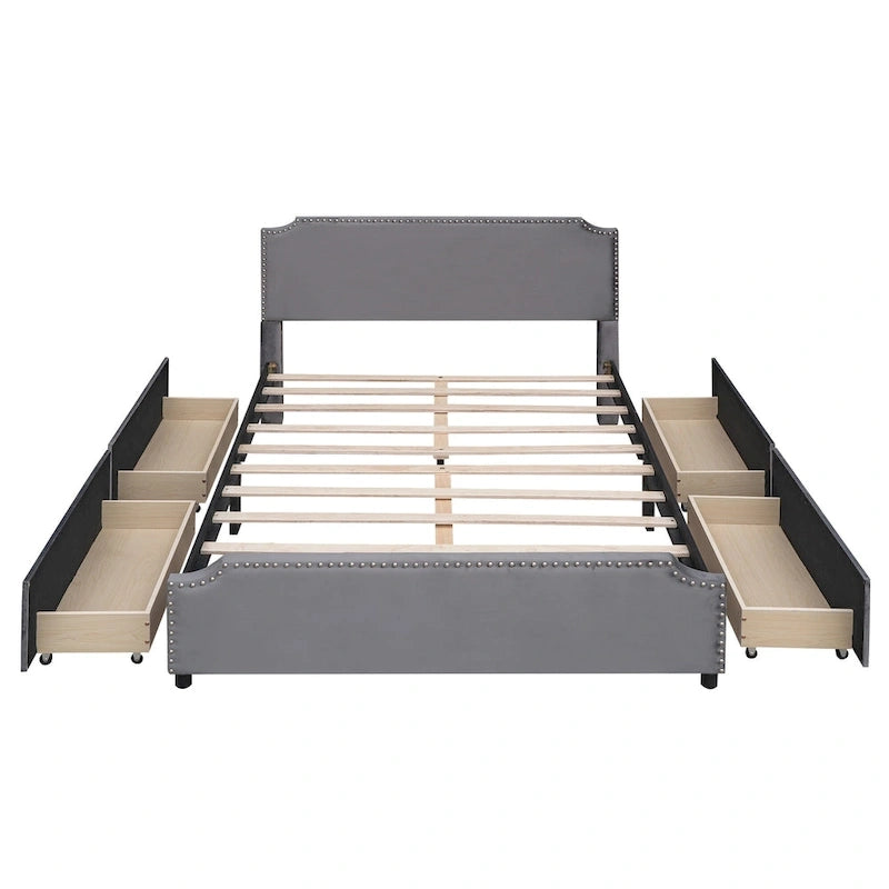 Lit plateforme capitonné avec tête et pied de lit à clous décoratifs et 4 tiroirs. Sommier non nécessaire. Revêtement en velours.