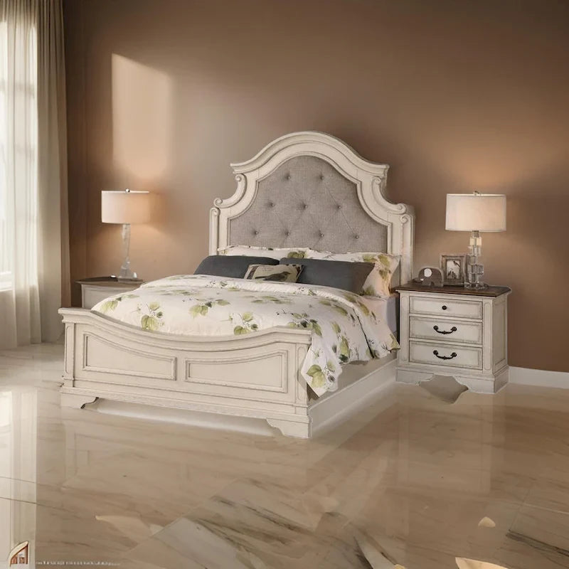 Lupe King Size Bed, Gray Upholstered Scalloped Frame, Antique White Finish