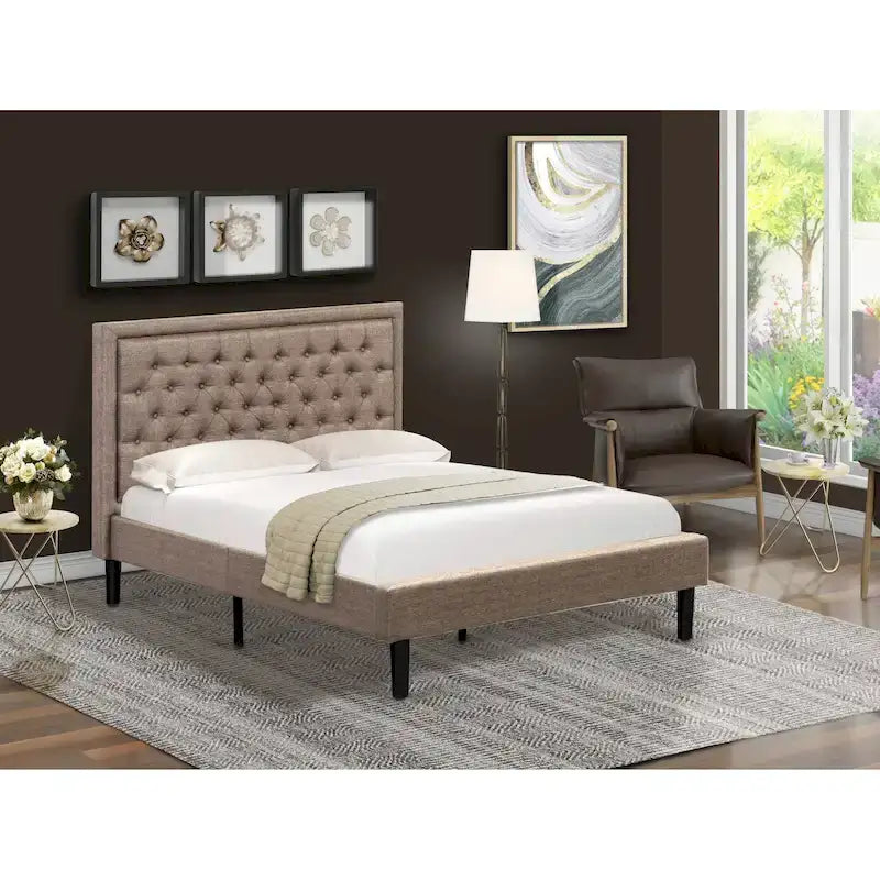 Lit plateforme East West Furniture - Lit en lin - Tête de lit avec capitonnage à boutons - (Options de taille et de couleur)