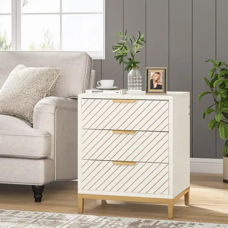 Tables de chevet blanches et dorées pour chambres à coucher, tables de chevet en bois clair avec 3 tiroirs