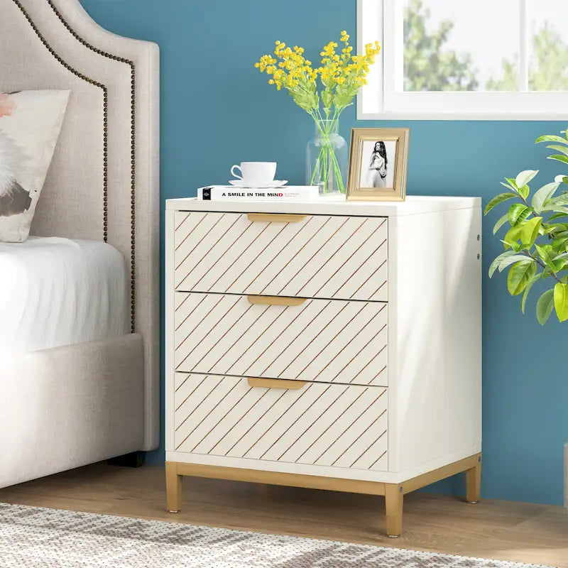 Tables de chevet blanches et dorées pour chambres à coucher, tables de chevet en bois clair avec 3 tiroirs