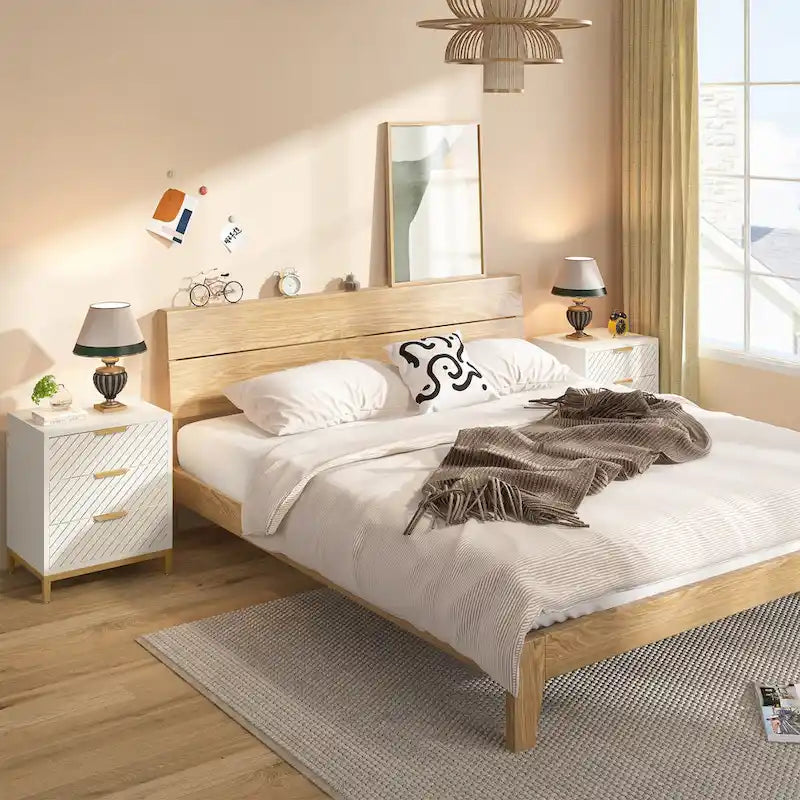 Tables de chevet blanches et dorées pour chambres à coucher, tables de chevet en bois clair avec 3 tiroirs