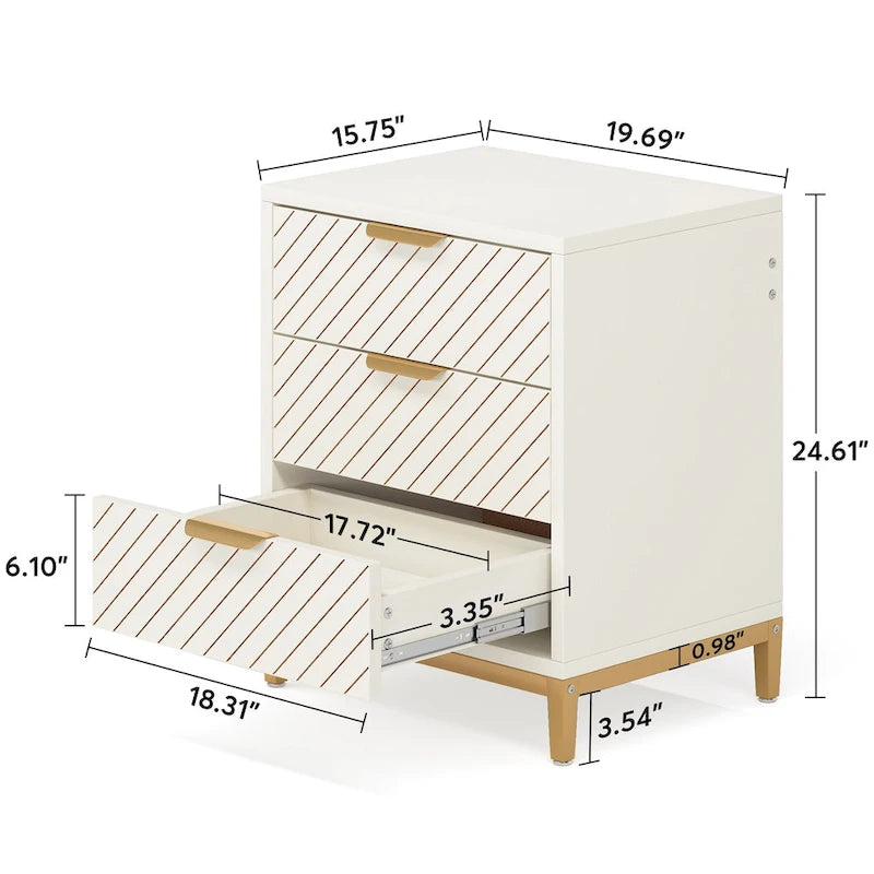 Tables de chevet blanches et dorées pour chambres à coucher, tables de chevet en bois clair avec 3 tiroirs