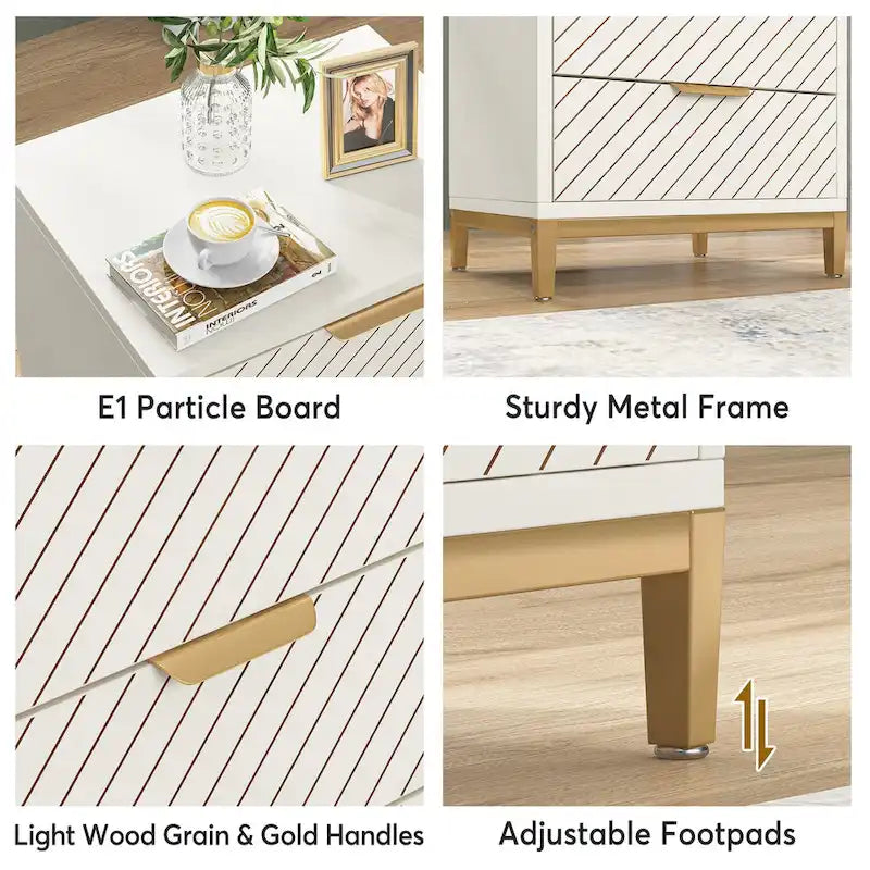 Tables de chevet blanches et dorées pour chambres à coucher, tables de chevet en bois clair avec 3 tiroirs