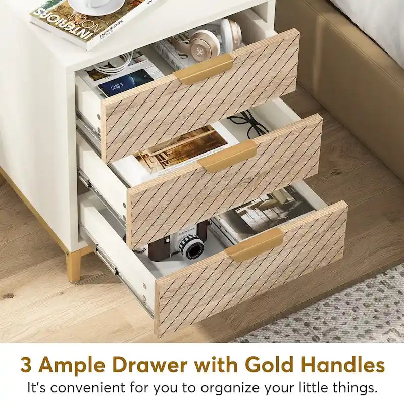 Tables de chevet blanches et dorées pour chambres à coucher, tables de chevet en bois clair avec 3 tiroirs