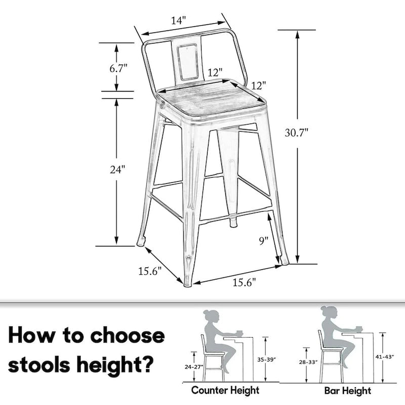 Tabourets de bar Andeworld, 61 cm (24 pouces), en métal avec dossier, lot de 4
