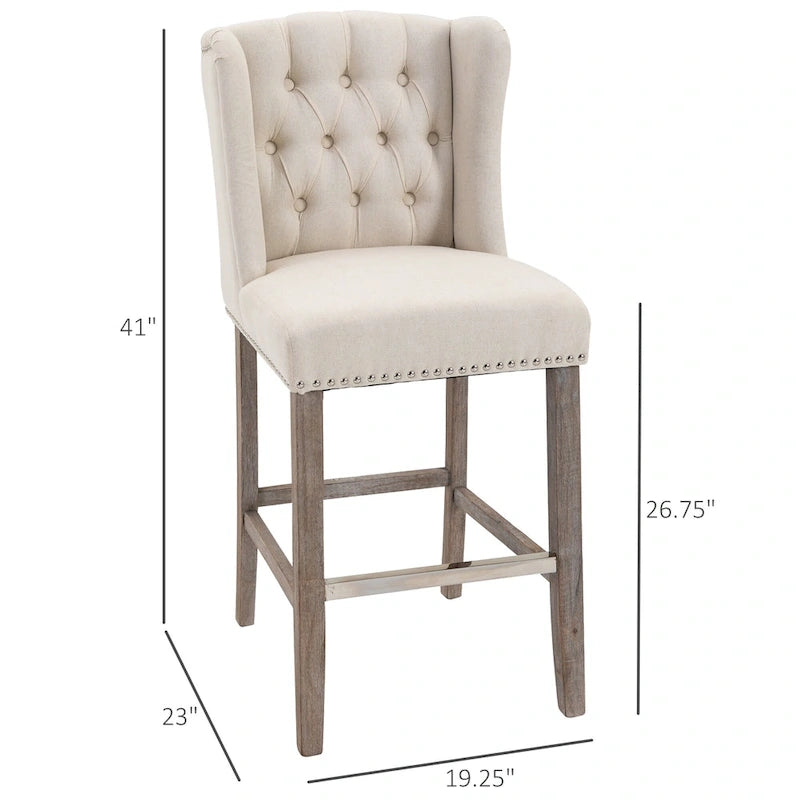 Tabourets de bar HOMCOM (lot de 2) pour cuisine et petit-déjeuner, avec garniture cloutée, dossier capitonné et pieds en bois massif.