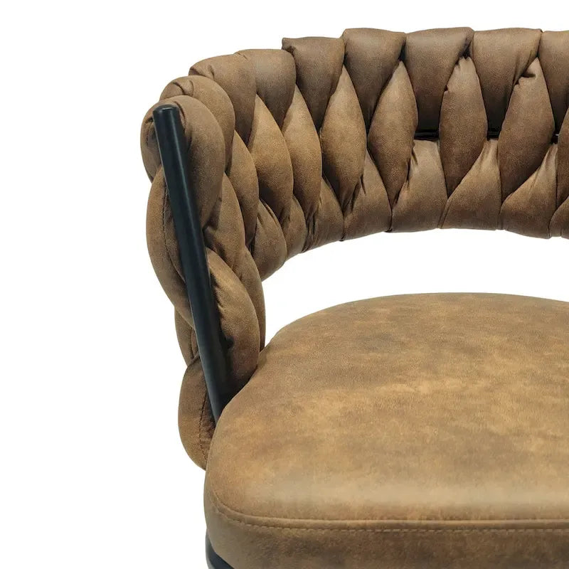 2 tabourets de bar tressés, pieds noirs, sans réglage, pivotants à 360°, rembourrés, avec dossier et repose-pieds.