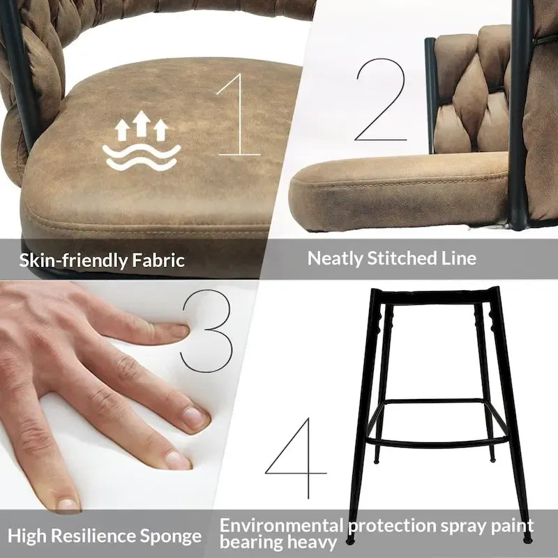 2 tabourets de bar tressés, pieds noirs, sans réglage, pivotants à 360°, rembourrés, avec dossier et repose-pieds.