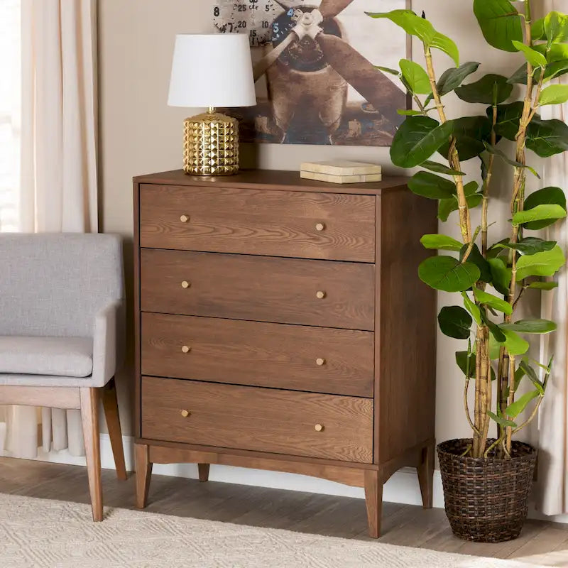Commode Landis à 4 tiroirs en frêne et noyer, style moderne du milieu du siècle