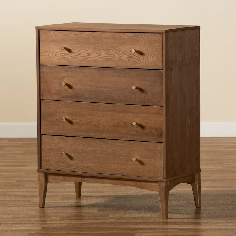Commode Landis à 4 tiroirs en frêne et noyer, style moderne du milieu du siècle