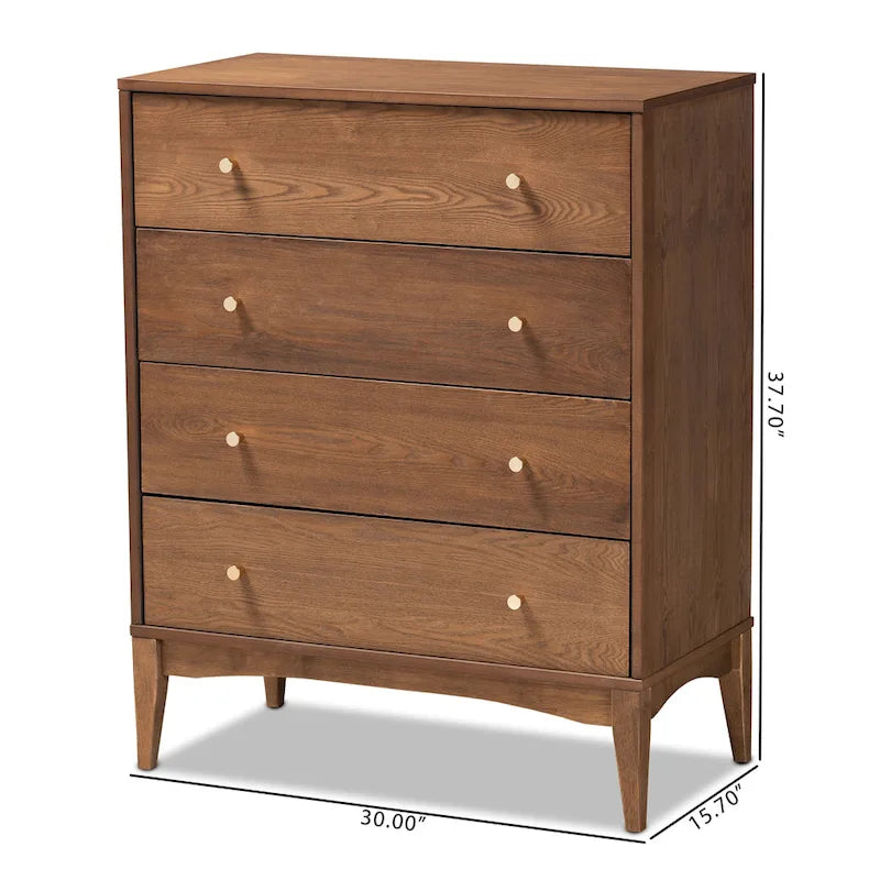 Commode Landis à 4 tiroirs en frêne et noyer, style moderne du milieu du siècle