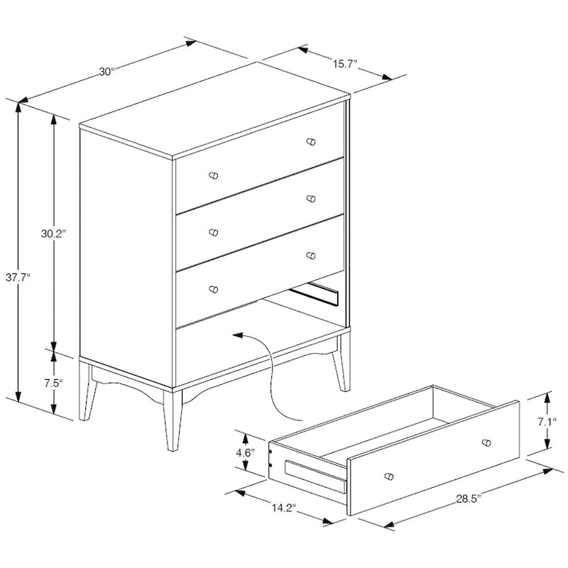 Commode Landis à 4 tiroirs en frêne et noyer, style moderne du milieu du siècle