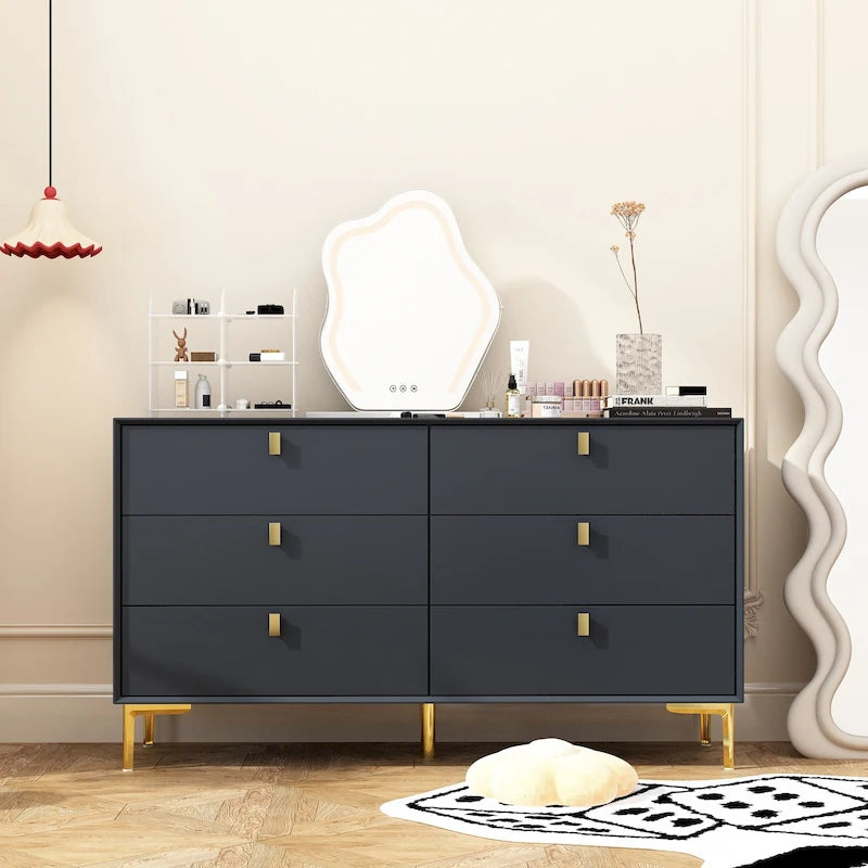 Commode 6 tiroirs en bois doré moderne pour chambre à coucher avec rangement