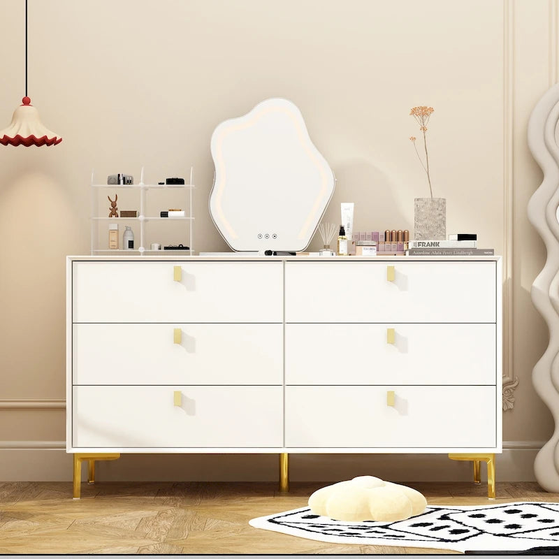Commode 6 tiroirs en bois doré moderne pour chambre à coucher avec rangement