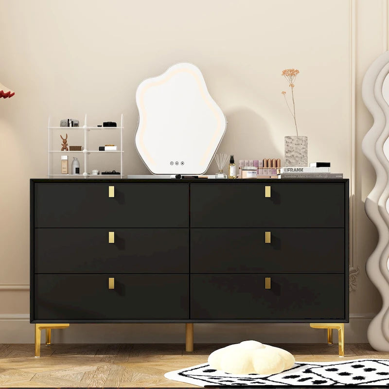Commode 6 tiroirs en bois doré moderne pour chambre à coucher avec rangement