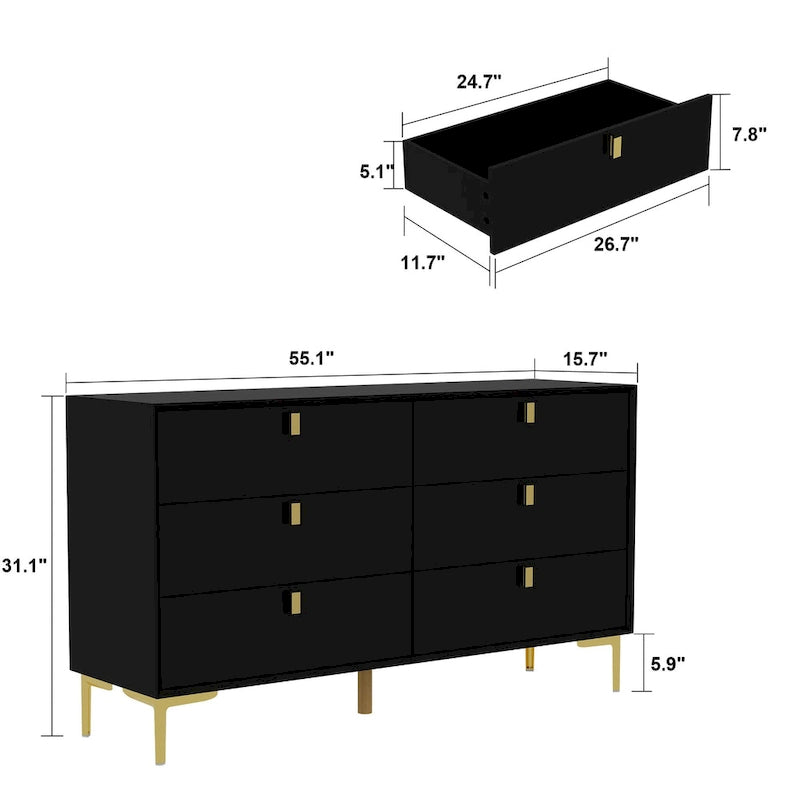 Commode 6 tiroirs en bois doré moderne pour chambre à coucher avec rangement